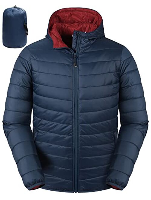 33,000ft Men's Lightweight Packable Insulated Puffer Winter Jacket with Hood, Water-Resistant Down Alternative Puffy Coat