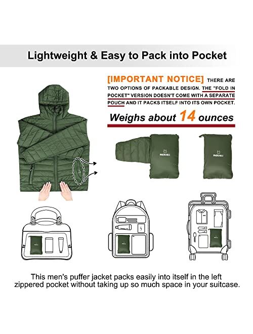 Outdoor Ventures Men's Lightweight Packable Hooded Puffer Jacket Insulated Winter Coat for Snow Ski Traveling