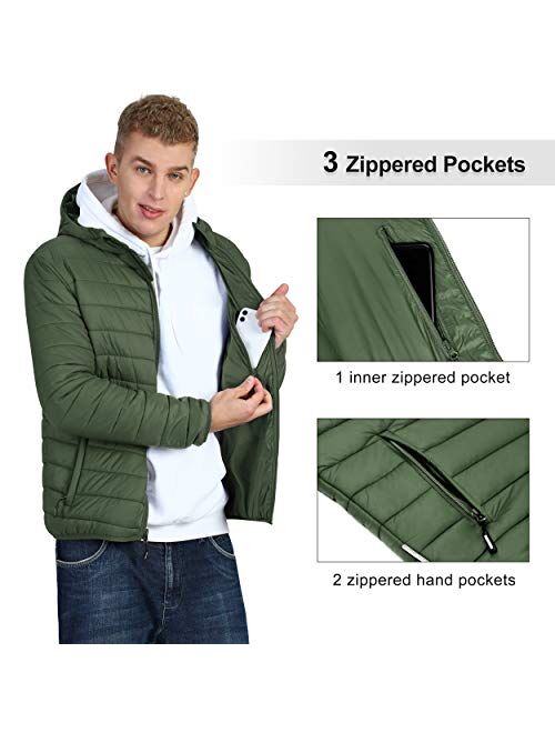 Outdoor Ventures Men's Lightweight Packable Hooded Puffer Jacket Insulated Winter Coat for Snow Ski Traveling