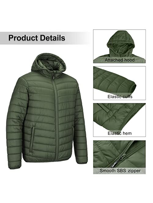 Outdoor Ventures Men's Lightweight Packable Hooded Puffer Jacket Insulated Winter Coat for Snow Ski Traveling