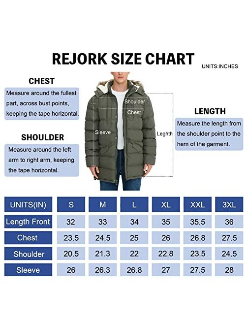 Rejork Men's Long Winter Coats Warm Water Resistant Puffy Hooded Windbreaker Insulated Thicken Jackets with Hood