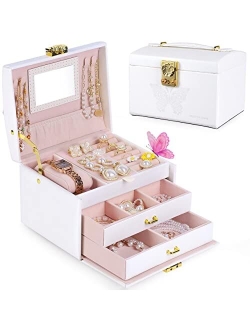 Pretty Comy Jewelry Box for Girls Women, Jewelry Organizer Box 3 Layer with PU Leather, White Travel Jewelry Case with Mirror for Earring Ring Bracelet Necklace, Best Gif