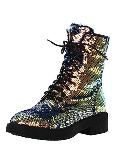 MAVMAX Women's Sequin Combat Boots Lace up Glitter Platform Chunky Heel Sparkly Ankle Boots