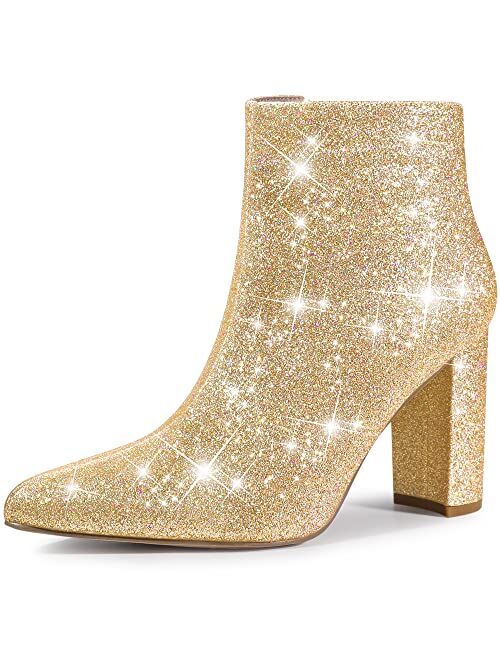 Perphy Pointed Toe Chunky Heels Ankle Boots Glitter Sparkly Boots for Women