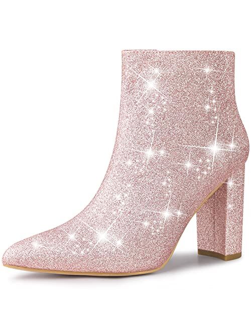 Perphy Pointed Toe Chunky Heels Ankle Boots Glitter Sparkly Boots for Women