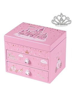 Cokosing jewelry box for girls music boxes for girls kids jewelry box girls jewelry box with 2 Pull Out Drawers, Fairy Princess and Castle Design,Deliver a shiny crown,Up