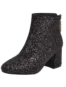 MAVMAX Women's Sequin Glitter Ankle Boots Chunky Heels Sparkly Booties