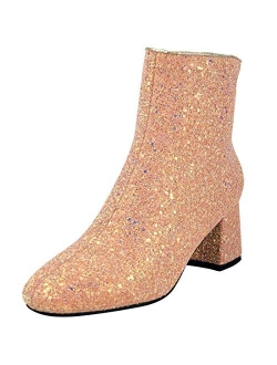 MAVMAX Women's Sequin Glitter Ankle Boots Chunky Heels Sparkly Booties