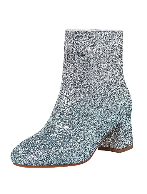 MAVMAX Women's Sequin Glitter Ankle Boots Chunky Heels Sparkly Booties