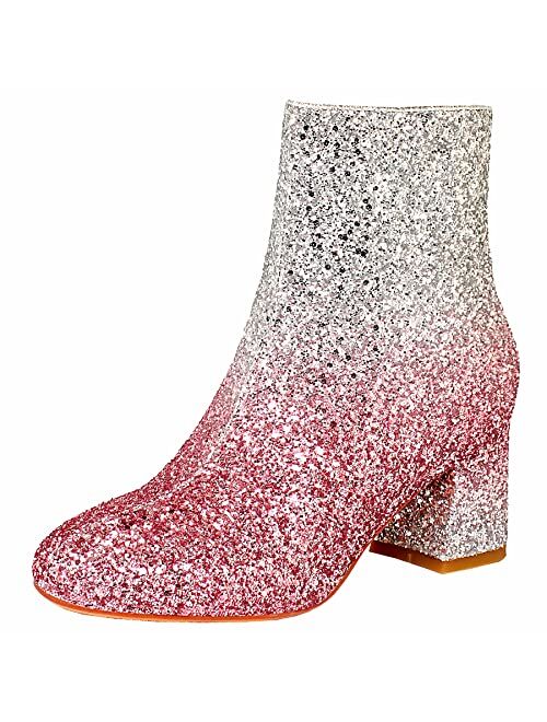 MAVMAX Women's Sequin Glitter Ankle Boots Chunky Heels Sparkly Booties