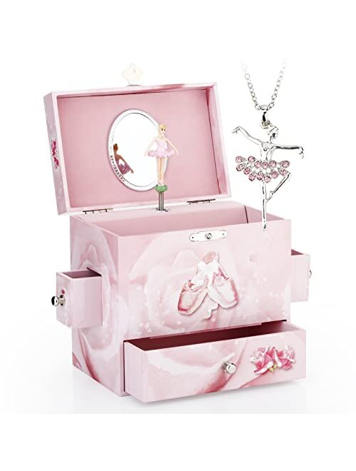 Rr Round Rich Design Kids Musical Jewelry Box for Girls with 3 Drawers and Jewelry Set with Cute Princess Theme - Beautiful Dreamer Tune Pink