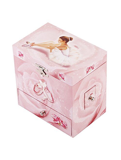 Rr Round Rich Design Kids Musical Jewelry Box for Girls with 3 Drawers and Jewelry Set with Cute Princess Theme - Beautiful Dreamer Tune Pink