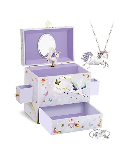 Rr Round Rich Design Kids Musical Jewelry Box for Girls with 3 Drawers and Jewelry Set with Cute Princess Theme - Beautiful Dreamer Tune Pink