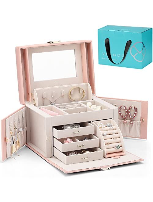 Vlando Jewelry Box Organizer for Girls Women, Large Baroque Jewelry Storage Box with Mirror, Drawers for Bracelets, Earrings, Rings, Necklaces, Mothers Day Gifts for Love