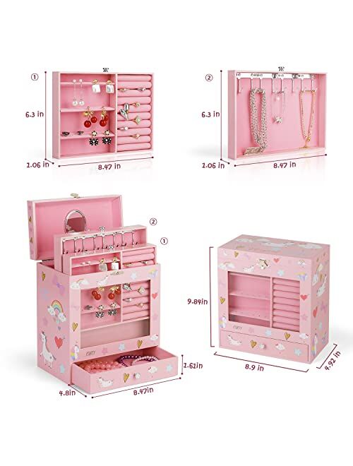 efubaby Jewelry Box for Girls Musical Jewelry Box for Teenage Girls with 3 Drawers & Unicorn Jewelry Set Birthday Gifts for Teenage Girls Kids Window Jewelry Storage Orga