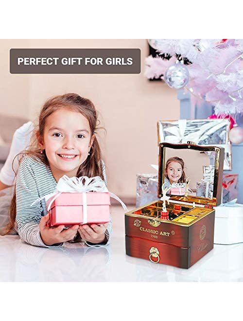 WIOR Classical Jewelry Music Box, Ballerina Themed Girl's Musical Jewellery Storage Box, Wind Up Music Case with Drawer & For Elise Tune for Girl Daughter Girlfriend Birt