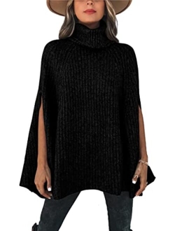 KIRUNDO 2022 Women's Fall Winter Turtleneck Poncho Sweater Fashion Chunky Knit Cape Wrap Sweaters Pullover Jumper Tops