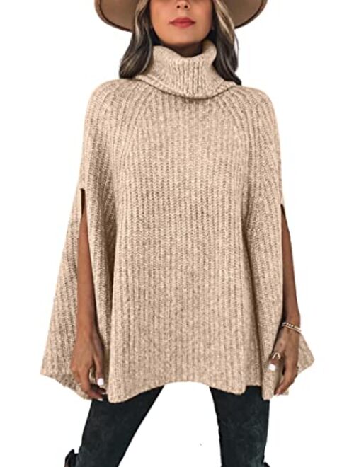 KIRUNDO 2022 Women's Fall Winter Turtleneck Poncho Sweater Fashion Chunky Knit Cape Wrap Sweaters Pullover Jumper Tops