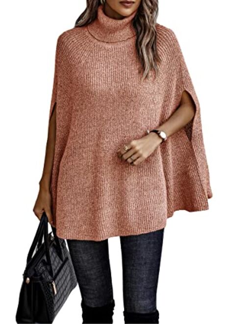 KIRUNDO 2022 Women's Fall Winter Turtleneck Poncho Sweater Fashion Chunky Knit Cape Wrap Sweaters Pullover Jumper Tops