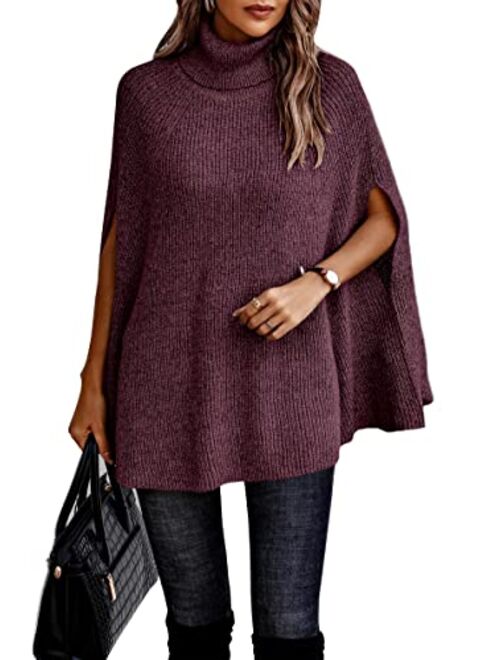 KIRUNDO 2022 Women's Fall Winter Turtleneck Poncho Sweater Fashion Chunky Knit Cape Wrap Sweaters Pullover Jumper Tops