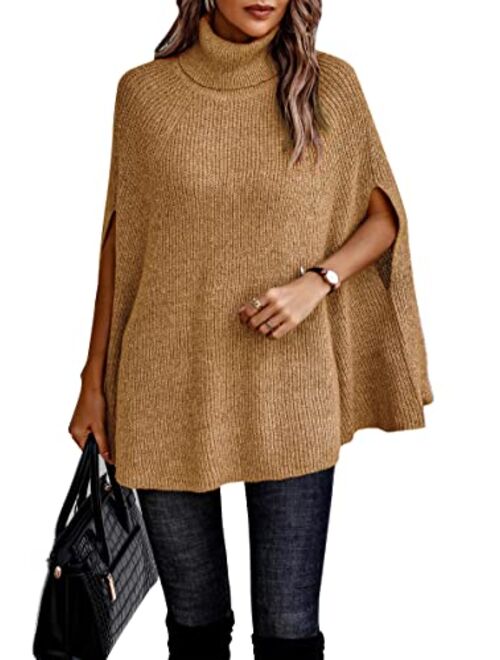 KIRUNDO 2022 Women's Fall Winter Turtleneck Poncho Sweater Fashion Chunky Knit Cape Wrap Sweaters Pullover Jumper Tops