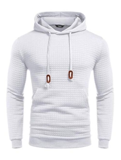 Men's Hooded Sweatshirt Long Sleeve Fashion Gym Athletic Hoodies Solid Plaid Jacquard Pullover with Pocket