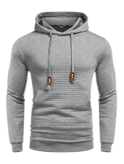 Men's Hooded Sweatshirt Long Sleeve Fashion Gym Athletic Hoodies Solid Plaid Jacquard Pullover with Pocket