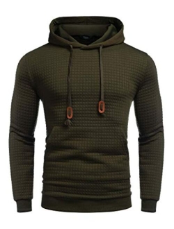 Men's Hooded Sweatshirt Long Sleeve Fashion Gym Athletic Hoodies Solid Plaid Jacquard Pullover with Pocket