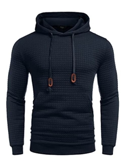 Men's Hooded Sweatshirt Long Sleeve Fashion Gym Athletic Hoodies Solid Plaid Jacquard Pullover with Pocket