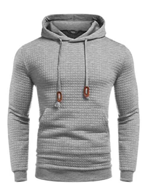 COOFANDY Men's Hooded Sweatshirt Long Sleeve Fashion Gym Athletic Hoodies Solid Plaid Jacquard Pullover with Pocket