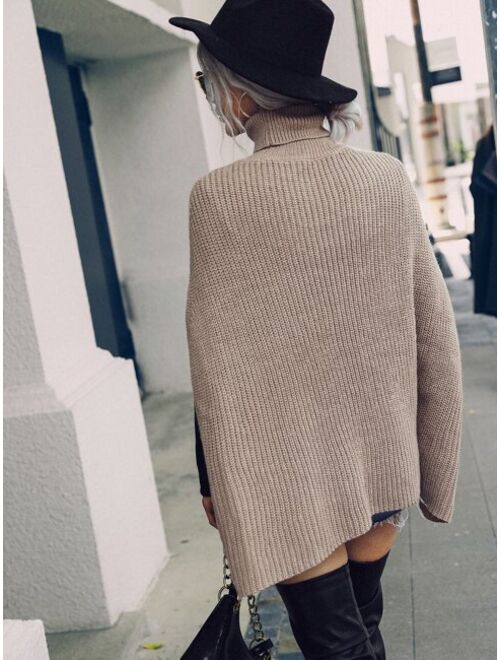 Shein Turtleneck Cloak Sleeve Ribbed Knit Poncho