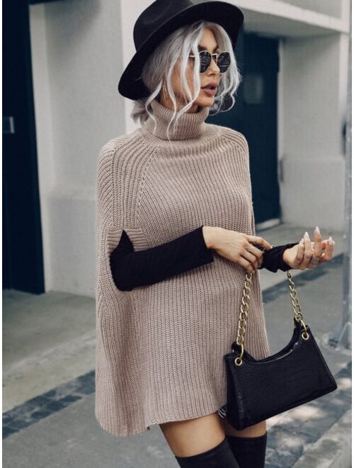 Shein Turtleneck Cloak Sleeve Ribbed Knit Poncho