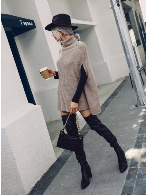 Shein Turtleneck Cloak Sleeve Ribbed Knit Poncho