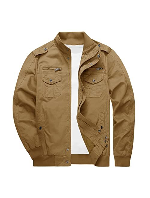 MAGCOMSEN Men's Cargo Jackets Cotton Lightweight Casual Work Coat Stand Collar Combat Jacket Windbreaker Multi Pockets