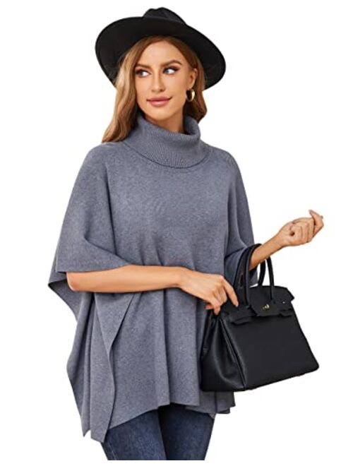 Puli Womens Turtleneck Pullover Poncho Sweater - Knitted Shawl Wraps Loose Fit Drape Baggy Capes