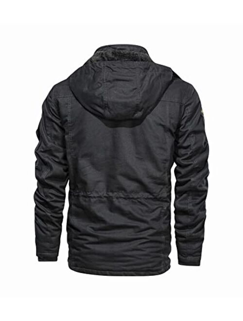 Anzerll Men's Winter Military Thicken Cotton Jacket Fleece Lined Coat Casual Stand Collar Windbreaker With Removable Hood