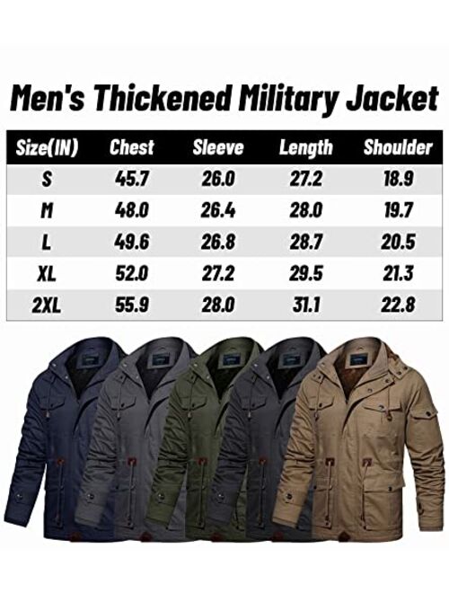 Anzerll Men's Winter Military Thicken Cotton Jacket Fleece Lined Coat Casual Stand Collar Windbreaker With Removable Hood