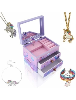 Agitation Kids Unicorn/Castle/Princess Wooden Musical Jewelry Box for Girls with Matching Jewelry Set (B-Pink Princess2)