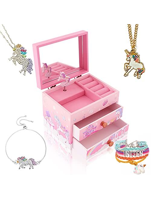 Agitation Kids Unicorn/Castle/Princess Wooden Musical Jewelry Box for Girls with Matching Jewelry Set (B-Pink Princess2)