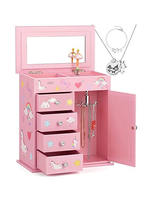 efubaby Upgrade Jewelry Box for Girls 5-Layer with Swing Door Spinning Ballerina Unicorn &Castle Design Unicorn Jewelry Set Included Kids Jewelry Box for Little Girls Bir