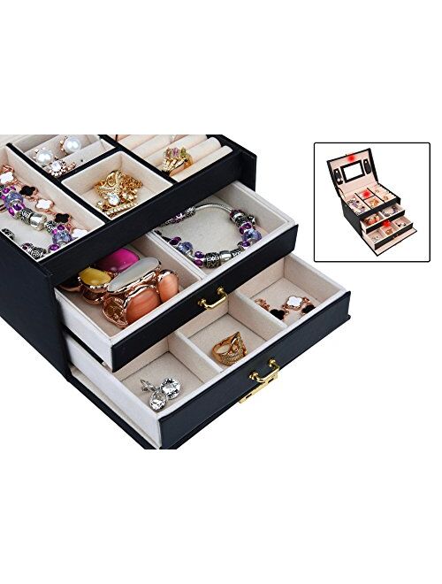 Goldwheat Jewelry Box Leather Earring Rings Organizer Mirrored Display Case Gift for Women Girls,Lock and Key (Pink)