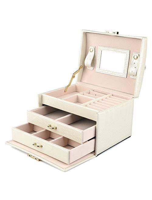 Goldwheat Jewelry Box Leather Earring Rings Organizer Mirrored Display Case Gift for Women Girls,Lock and Key (Pink)