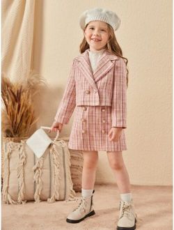 Toddler Girls Plaid Double Breasted Blazer & Skirt