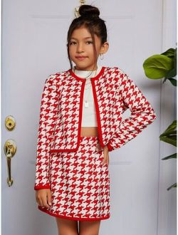 Girls Houndstooth Print Open Front Jacket & Skirt Set