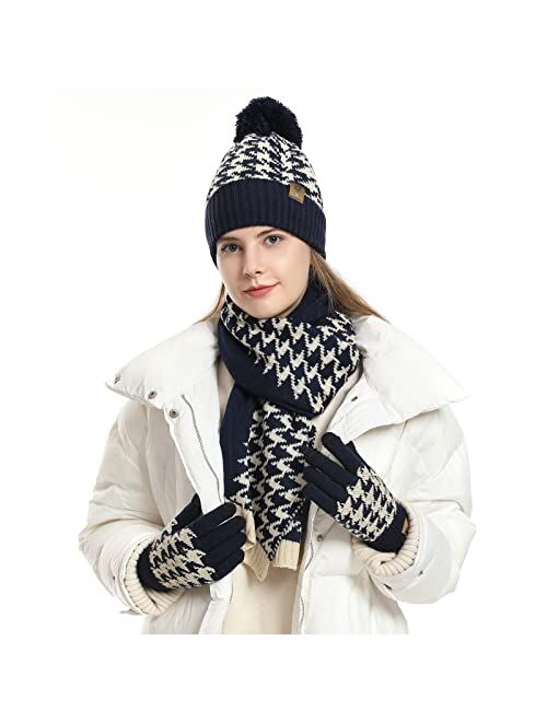 Honnesserry Womens Winter Beanie Hat Scarf and Gloves Set Skull Cap Neck Scarves Touchscreen Gloves for Men with Fleece Lined