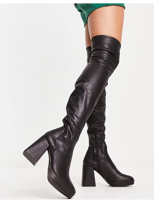 Pull&Bear knee high platform heel boot in black