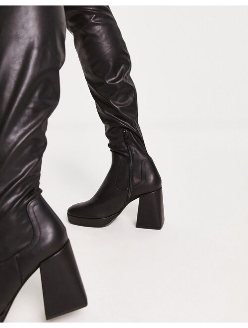 Pull&Bear knee high platform heel boot in black