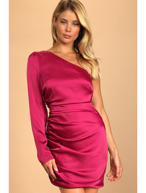 Lulus Happy Hour Chic Magenta Satin Ruched One-Shoulder Mini Dress