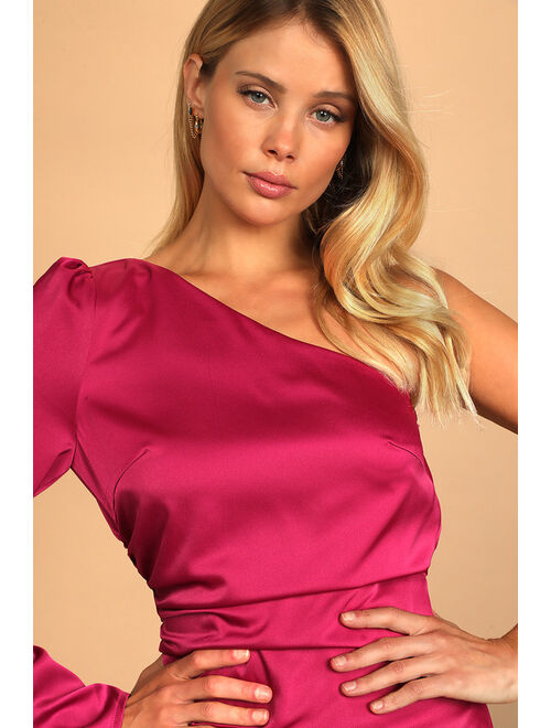 Lulus Happy Hour Chic Magenta Satin Ruched One-Shoulder Mini Dress