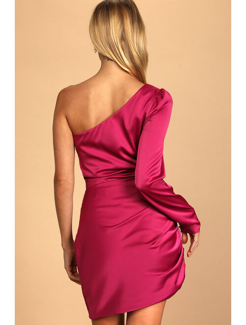 Lulus Happy Hour Chic Magenta Satin Ruched One-Shoulder Mini Dress